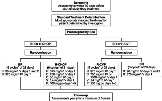 Figure 1. Study design. *Up to 8 cycles at investigator discretion; B, bendamustine; C, cyclophosphamide; D, doxorubicin; P, prednisone; R, rituximab; V, vincristine.