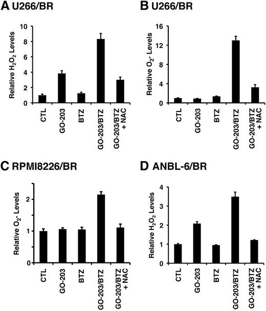 Figure 5. GO-203 and BTZ synergistically induce ROS in BTZ-resistant cells. (A-D) The indicated cells were left untreated (CTL) and treated with (1) 2.5 μM GO-203 alone each day for 72 hours; (2) 20 (U266/BR), 16 (RPMI8226/BR) or 5 (ANBL-6/BR) nM BTZ for 24 hours; or (3) GO-203 for 48 hours combined with BTZ during an additional 24 hours. GO-203/BTZ-treated cells were also incubated in the presence of 5 mM NAC for 72 hours. Cells were analyzed for relative hydrogen peroxide (A,D) or superoxide levels (B-C) (mean ± SD of 3 determinations) as compared with that obtained with control cells.