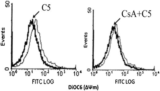 Figure 3. C5-triggered Cyt C release and drop in mitochondrial ΔΨm is dependent on opening of the MPT pore. (A) 0.5 mg purified rat liver mitochondria was exposed to 150 μg/mL C5 in the presence or absence of CsA (10 μmol/L) for 30 minutes at 30°C. Mitochondria were then pelleted, and supernatants were subjected to SDS-PAGE and western blot analysis for Cyt C, as described in Materials and methods. (B) Mitochondria were treated with C5 in the presence or absence of CsA as above and stained with membrane potential–sensitive dye DiOC6 (40 nmol/L) at 37°C for 30 minutes, washed, and analyzed by flow cytometry for ΔΨm.