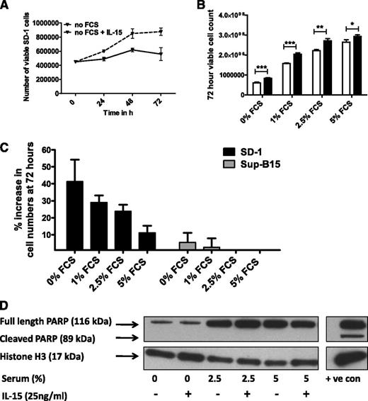 Figure 4. IL-15 promotes growth of SD-1 cells under low-serum conditions, which is independent of apoptosis. (A) SD-1 cells were grown in RPMI media without addition of fetal calf serum, with (dashed line) or without (solid line) 25 ng/mL IL-15. The growth curve from 1 representative experiment of 3 is shown. (B) SD-1 cells were grown in RPMI supplemented with increasing concentrations of fetal calf serum with (black bars) or without (white bars) 25 ng/mL of IL-15. The total number of viable cells in each group at 72 hours is shown. Data represent mean ± standard error of the mean from 3 independent experiments. Data were analyzed by a Mann-Whitney U test. *P < .05, **P < .01, ***P < .001. (C) Percentage increase in cell counts of IL-15–treated SD-1 (dark bars) and Sup-B15 (light bars) compared with media control. Data represent mean ± standard error of the mean from 3 independent experiments. SD-1 data are from the same experiments as in panel B above, represented in a different format. (D) PARP cleavage analysis of SD-1 cells exposed to increasing concentrations of serum ±25 ng/mL IL-15 for 96 hours. The positive-control lane represents SD-1 cells exposed to the apoptosis-inducing agent AA2 (50 μM) for 1 hour. Histone H3 was used as a loading control. FCS, fetal calf serum.