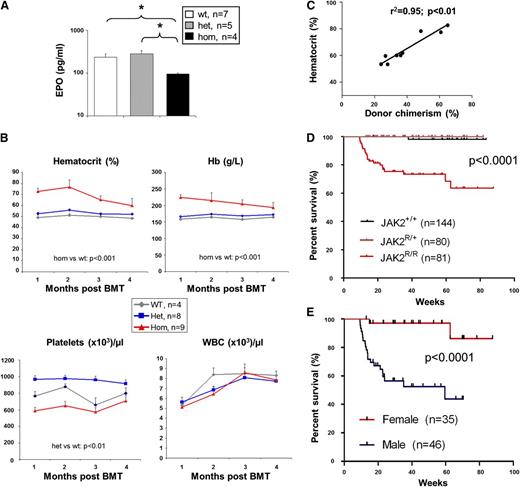 Figure 2. The PV-like phenotype in JAK2R/R mice is cell-intrinsic and the severity is dependent on homozygous JAK2V617F allele burden. (A) Plasma EPO level was significantly reduced in JAK2R/R mice compared with JAK2R/+ and WT littermates. (B) The PV-like phenotype in JAK2R/R mice is transplantable. BM cells (2 × 106 per recipient) were transplanted into irradiated 129SvEvBrd/C57Bl/6 F1 recipients. Donors were StellaCre−/− background. Time course of blood counts are shown for 1 to 4 months following transplantation. Significant differences are indicated and were determined using a linear mixed-effect model. (C) The severity of the PV-like phenotype corresponds to JAK2R/R donor cell chimerism (ie, homozygous-JAK2V617F allele burden). The graph shows a positive correlation between hematocrit and JAK2R/R donor chimerism at 2 months posttransplantation. The data were analyzed by Spearman rank correlation coefficient test; r2 and P values are indicated. (D) Kaplan-Meier analysis shows that JAK2R/R mice have significantly reduced survival compared with both WT and JAK2R/+ mice. (E) Kaplan-Meier analysis show that male JAK2R/R mice have significantly reduced survival compared with female JAK2R/R mice; P values are indicated. BMT, BM transplantation; WBC, white blood cell.