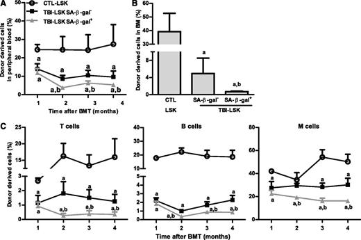 Figure 4. SA-β-gal+ LSK cells from total body–irradiated mice are highly deficient in long-term engraftment after transplantation. Five hundred CD45.2 SA-β-gal+ or SA-β-gal– LSK cells isolated from irradiated mice (TBI) or 500 control unirradiated LSK cells (CTL) along with 2 × 105 competitive CD45.1 BM cells were transplanted into lethally irradiated CD45.1 recipient. (A) Percentages of total donor-derived cells in peripheral blood at various times after transplantation. (B) Percentage of donor cell engraftment in BM 4 months after transplantation. (C) Percentages of peripheral blood T-cell, B-cell, and myeloid (M) cell engraftment at various times after transplantation. The data are presented as mean ± SD (n = 6 recipients/group). a, P < .05 vs CTL-LSK cells; b, P < .05 vs TBI-LSK β-gal– cells.