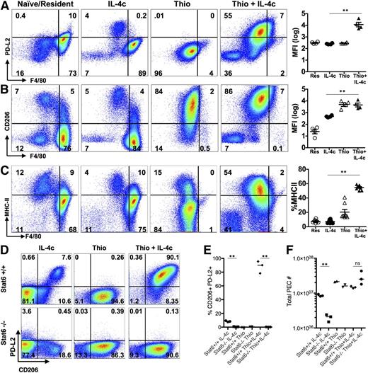 Figure 4. AAMs derived from inflammatory monocytes express PD-L2, CD206, and MHC class II, but not tissue macrophage-derived AAMs. FACS analysis of (A) PD-L2, (B) CD206 and (C) MHC class II from peritoneal macrophages of mice untreated (naïve/resident) or injected i.p. with IL-4c alone (IL-4c) or thioglycollate alone (Thio) or Thio and IL-4c (Thio+IL-4c). Graphs depict the geometric median fluorescent intensity (MFI) of PD-L2 and CD206 and percentage of MHC class II, gated on CD11b+ cells from the peritoneal cavity of individual mice. Data are representative of 3 independent experiments. (D) Stat6 is required for regulating PD-L2 but not CD206 expression in monocyte-derived AAMs. (E) Quantitation of CD11b+ cells that are CD206+PD-L2+ from the peritoneal cavity of individual mice and (F) the total number of peritoneal cavity cells recovered from treated animals. Results shown are representative of 2 independent experiments. *P < .05 and **P < .01 as determined by ANOVA.