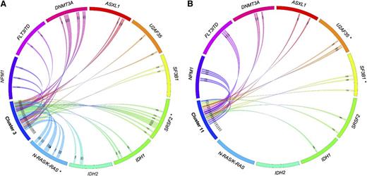 Figure 2. Gene mutations in patients from clusters 3 and 11. Associations of gene mutations outlined by a Circos diagram for patients in cluster 3 (A) and cluster 11 (B). *Gene mutations that are significantly overrepresented for the particular cluster. SF mutations outside these clusters can be seen in supplemental Figure 5.