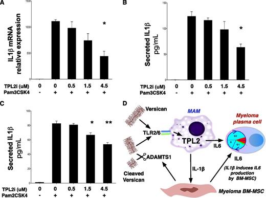 Figure 7. TPL2 regulates IL-1β production in response to TLR2 stimulation in human monocytes. (A) Pharmacologic TPL2 inhibition results in a dose-dependent decrease of IL-1β transcription in response to TLR2 stimulation of human monocytes. THP-1 cells were stimulated with a TLR2 agonist, Pam3CSK4, for 3 hours with or without pretreatment with a TPL2 kinase inhibitor as shown. RNA was extracted and subjected to RT-PCR using IL-1β–specific primers. Pam3CSK4 is thought to act predominantly through TLR2/TLR1 heterodimers, whereas a related lipopeptide, Pam2CSK4, acts through TLR2/6 heterodimers. Pharmacologic TPL2 inhibition resulted in dose-dependent decrease of mature IL-1β secretion into culture supernatants after stimulation by either Pam3CSK4 (B) or Pam2CSK4 (C). P values: *<.05, **<.01, ***<.001. Tpl2i, Tpl2 inhibitor. (D) Diagram summarizing the central role of the versican-TLR2/6-TPL2 pathway in regulating the inflammatory milieu of the myeloma niche. TLR2/6 heterodimers on MAM recognize versican cleaved by ADAMTS1 and/or unprocessed versican. Versican-induced TLR2/6 signaling activates TPL2 kinase and is essential for IL-1β and IL-6 induction in the myeloma niche.