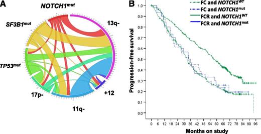Interrelationship between NOTCH1 mutations (mut) and other recurrently mutated genes and fluorescence in situ hybridization abnormalities in CLL (A). The length of the arc corresponds to the frequency of the genetic lesion, whereas the width of the ribbon indicates the frequency of cooccurrence with the second marker. Kaplan-Meier estimates of PFS for patients stratified by treatment arm and NOTCH1 mutation status (B). WT, wild-type. Panels taken and slightly modified from Figures 1B and 2A in the article by Stilgenbauer et al that begins on page 3247.