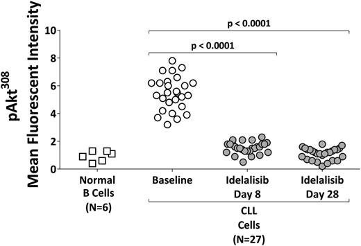 Figure 2. Pharmacodynamic effects. Phospho-Akt308 concentrations in circulating B cells (from normal subjects, N = 6) or CLL cells (from patients receiving idelalisib at 100 mg/dose bid (N = 7) or ≥150 mg/dose bid (N = 20)).
