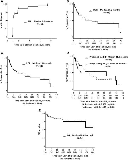 Figure 4. Time-to-event endpoints. (A) TTR, (B) DOR, (C-D) PFS, and (E) OS. TTR, PFS, and OS are measured from the start of therapy, whereas DOR is measured from the start of response. TTR and DOR are composed of responding subjects only; PFS and OS represent ITT analyses. A tick on the curve (┴) denotes a censored time point. OS, overall survival; PFS, progression-free survival.
