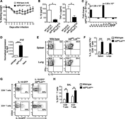 Figure 1. Id2 represses IL-10 expression by virus-specific CD8+ T cells. (A) Weight loss in wild-type or Id2fl/flLckCre+ mice infected intranasally with 104 PFU HKx31 influenza virus. Data show mean weight ± SEM pooled from 2 independent experiments. Statistically significant differences were determined using an unpaired 2-tailed Student t test; *P < .05. (B) Quantification of IL-1β and TNF-α in the bronchoalveolar fluid of mixed bone marrow chimeras in Id2fl/flLckCre+ (Ly5.2+):wild-type (Ly5.1+) → wild-type F1 (Ly5.2+Ly5.1+) or wild-type (Ly5.2+):wild-type (Ly5.1+) → wild-type F1 (Ly5.2+Ly5.1+) 8 days after infection with HKx31 (n = 6 from 2 independent experiments). Statistically significant differences were determined using an unpaired 2-tailed Student t test (TNF-α) or a Mann-Whitney U test (IL-1β); *P < .05. (C) Microarray analysis of DbNP366-specific Id2fl/flLckCre+ and wild-type CD8+ T cells isolated from the spleen of PR8-primed/HKx31-infected mixed bone marrow chimeric mice. Data show the mean fold difference of genes from 3 biologically independent analyses. (D) Quantitative analysis by real-time PCR of Il10 mRNA from wild-type or Id2fl/flLckCre+ DbNP366-specific (KLRG1−) CD8+ T cells from PR8-primed/HKx31-infected mixed bone marrow chimeras (day 9) and naïve CD44−CD62L+ CD8+ splenic T cells. Data show the mean Il10 expression ± SEM relative to Hprt from 3 independent samples. (E-F) Intracellular expression (E) and frequency (F) of IL-10 in IFN-γ+ Id2fl/flLckCre+ (Ly5.2+) or wild-type (Ly5.1+) CD8+ T cells isolated from the spleen and the lung of PR8-primed mixed bone marrow chimeras 9 days after infection with HKx31. Data show the mean ± SEM (spleen, n = 11; lung, n = 9 mice per genotype pooled from 3 independent experiments). (D,F) Statistically significant differences were determined using a 2-tailed paired Student t test; ***P < .001. (G-H) IL-10-GFP expression (G) and frequency (H) in Id2fl/flLckCre+ (Ly5.2+) or wild-type (Ly5.1+) CD8+ and CD4+ T cells from the bronchoalveolar lavage from mixed bone marrow chimeras 9 days after infection with HKx31. (H) Data show the mean ± SEM (n = 6 mice per genotype pooled from 2 independent experiments). Statistically significant differences were determined using a Mann-Whitney U test; **P < .01. WT, wild-type.