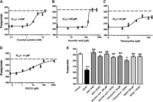 Figure 4. Protective effect of antioxidants, TETRA, and EGCG on the pharyngeal dysfunction caused by cardiotoxic LC. Dose-dependent effect of (A) NAC, (B) ascorbic acid, (C) TETRA, or (D) EGCG. Worms were fed for 2 hours with 100 µg/mL amyloidogenic cardiotoxic protein (H6-BJ) in the absence or presence of increasing concentrations of drugs. Control worms were fed with vehicle alone (dotted line). The pharyngeal pumping rate was scored 20 hours after plating on NGM plates, as described in “Methods.” IC50 value was calculated for each compound. (E) The effect of 5 mM NAC, 284 µM ascorbic acid, 50 µM TETRA, or 100 µM EGCG was determined by incubating worms for 2 hours with 100 µg/mL H6-BJ. The effect of the administration of each compound, alone, at the same concentration and H6-BJ alone was also evaluated. The pharyngeal pumping rate was scored 20 hours after plating on NGM plates, as described in “Methods.” Control worms were fed vehicle alone (vehicle). Mean ± SE (n = 30). **P < .01 and *P < .05 vs vehicle, °°P < .01 vs H6-BJ alone according to 1-way ANOVA followed by Bonferroni post hoc test.