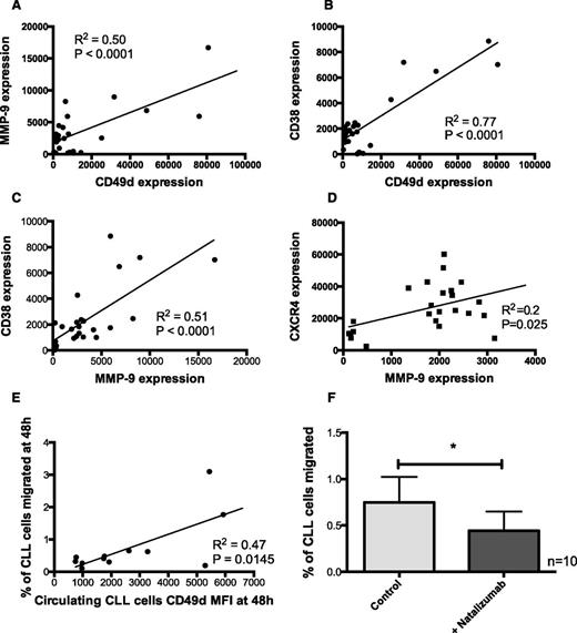 Figure 4. CLL cell migration correlated with CD49d expression and was inhibited by the CD49d antagonist natalizumab. CLL cells that had been circulated in a closed system containing hollow fibers lined with HUVEC cells were recovered from both the circulating compartment and the extravascular compartment. CD49d expression correlated with (A) MMP-9 (r2, 0.5; n = 28) and (B) CD38 (r2, 0.8; n = 27). In addition, (C) MMP-9 and CD38 expression correlated with each other (r2, 0.5; n = 25) and (D) MMP-9 and CXCR4 expression levels correlated with each other (r2, 0.2; n = 24). (E) CD49d expression on circulating CLL cells after 48 hours showed the strongest correlation with the percentage of migration of CLL cells into the EVS (r2, 0.47; n = 12). (F) To establish a functional role for CD49d in CLL cell migration, CLL cells were pretreated with the anti-CD49d monoclonal antibody and then introduced into the circulating system. Natalizumab-treated CLL cells showed a significant reduction in their capacity to migrate into the EVS at 48 hours.