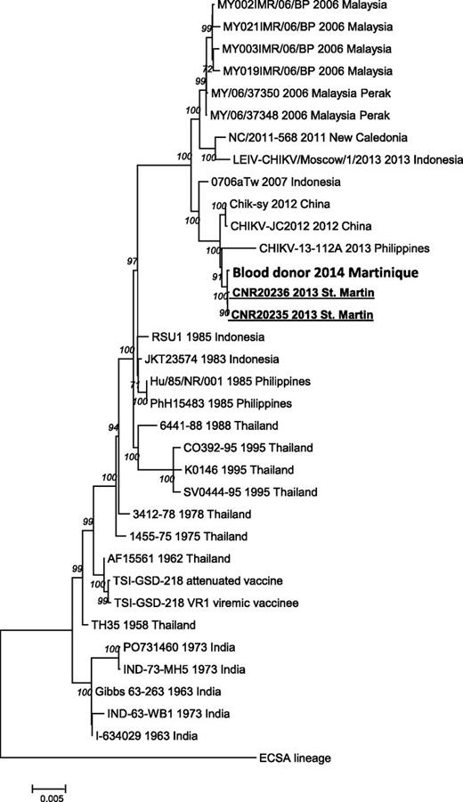 Figure 1. Phylogeny of CHIKVs causing the outbreak in the French Caribbean Islands, 2013-2014. Complete concatenated nucleotide coding sequences of CHIKV belonging to the Asian genotype were obtained by using Ion Torrent next-generation sequencing (Life Technologies) and aligned according to the amino acid sequence. Mega6 software was used to select the best-fit model for the analysis (generalized time reversible model of nucleotide substitution with a gamma distributed rate variation among sites) and to infer a phylogenetic tree using the maximum likelihood method followed by a bootstrap analysis (1000 replicates; values above 70% indicated).10 Sequence information for each virus corresponds to virus strain name (according to GenBank nomenclature) followed by date and country of isolation. The tree was rooted by using a sequence belonging to the East Central South African lineage (LR2006_OPY1 2006 Reunion).