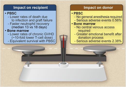 Weighing the benefits of PBSC vs marrow donation. Professional illustration by Debra T. Dartez.