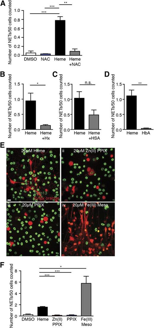 Figure 5. Heme-mediated NET formation in TNF-α–primed neutrophils is dependent on ROS and heme-iron and can be blocked by hemopexin complexation. (A) Quantification of NETs released by TNF-α–primed neutrophils treated with DMSO (white bar), antioxidant NAC alone (10 mM, blue bar), heme alone (20 μM, black bar), heme (20 μM), and NAC (10 mM) (gray bar). Results are the average values of 3 independent experiments (mean ± SEM, **P < .01, ***P < .001). (B) Quantification of NETs released by TNF-α–primed neutrophils treated with free heme (black bar) or Hx complex (gray bar). Results are the average values of 3 independent experiments (mean ± SEM, *P < .05). (C) Quantification of NETs released by TNF-α–primed neutrophils treated with free heme (black bar) or HSA complex (gray bar). Results presented are the average values of 3 independent experiments (mean ± SEM). (D) Quantification of NETs released by TNF-α–primed neutrophils treated with free heme (black bar) or HbA (gray bar). Results are the average values of 4 independent experiments (mean ± SEM, **P < .01). (E) Representative immunofluorescence images of NETs released by TNF-α–primed neutrophils stimulated with 20 μM of (i) heme, (ii) zinc (II) protoporphyrin IX (Zn (II) PPIX), (iii) protoporphyrin (PPIX), and (iv) iron (III) mesoporphyrin IX (Fe (III) Meso). (F) Quantification of NETs released by TNF-α–primed neutrophils treated with DMSO (white bar), heme (black bar), Zn (II) PPIX (red bar), PPIX (blue bar), and Fe (III) Meso (gray bar). Results are the average values of 3 independent experiments (mean ± SEM, *P < .05, ***P < .001).