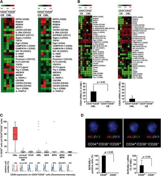 Figure 1. LSCs in CML express CD26. (A) Heat map analysis of gene array data of RNA isolated from sorted CD34+/CD38─ SCs (left) or CD34+/CD38+ progenitor cells (right) obtained from patients with chronic phase (CP) CML (n = 4) and cord blood (CB) SC. Gene array analyses were performed as described in the supplemental material available on the Blood Web site. Expression levels were normalized to CB control. Top-regulated genes of interest are shown. (B) Heat map analysis of pPCR data (upper panel). mRNA analyses were performed on sorted CD34+/CD38─ SC (upper left) and CD34+/CD38+ cells (upper right) obtained from 3 CB samples and 4 patients with CML. Top-regulated genes of interest are shown. Lower panel: qPCR analysis of expression of CD26 mRNA in sorted CD34+/CD38─ SC (lower left) and CD34+/CD38+ cells (lower right) obtained from 7 patients with CML and 3 CB samples. CD26 mRNA levels are expressed as percent of ABL. Results represent the mean ± SD (CML, n = 7; CB, n = 3). (C) Multicolor flow cytometry analysis of CD26 expression on CD34+/CD38─ SC in patients with CML (CP, n = 33; AP, n = 3; BP, n = 2), normal/reactive BM (n = 33), and BM of patients with idiopathic cytopenia of unknown significance (ICUS) (n = 15), AML (n = 39), myelodysplastic syndrome (MDS) (n = 12), JAK2 V617F+ myeloproliferative neoplasms (MPN) (n = 6), MDS/MPN overlap disorders (n = 5), and indolent systemic mastocytosis (ISM) (n = 7). The upper panel shows the percentage of CD26+ SC. Boxes represent the 25th to 75th percentile. The lower subpanel shows representative staining examples: red indicates a positive staining-reaction, blue indicates a negative stain. The isotype-matched control antibody is also shown (black open histograms). (D) The upper panel shows a FISH analysis of purified CD34+/CD38−/CD26+ CML LSC (left) and CD34+/CD38−/CD26− SC (right) in one CML patient. FISH was performed on cytospin slides using a triple color–staining approach, with 1 probe specific for ABL1 (red) and 2 (green and blue) specific for BCR. Red-green and red-blue fusion-spots indicate BCR/ABL1. Quantitative FISH data are shown in supplemental Table 13. Lower panel: Percentage of BCR/ABL1+ cells by FISH (left panel) and percent BCR/ABL1 mRNA relative to ABL mRNA (right panel) in sorted CD34+/CD38−/CD26+ LSC and CD34+/CD38−/CD26− SC from the same patients. FISH data are expressed as mean ± SD from 3 patients, and BCR/ABL1 mRNA levels from sorted cells as mean ± SD from 4 different CML patients.