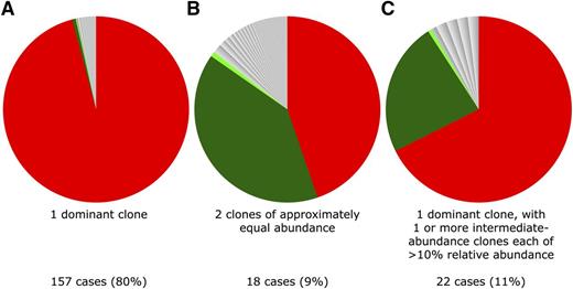 Figure 2. Examples of 3 typical clonal structures of ATL cases. Each sector in the pie charts depicts the relative abundance of the respective integration site. (A) Typical “monoclonal” ATL tumor sample; PVL = 63% (relative abundance of dominant clone = 97% of PVL). (B) Two equally abundant integration sites (relative abundance respectively 44% and 39% of PVL); PVL = 9%. (C) ATL with dominant clone and additional intermediate-abundance clone (relative abundance respectively 67% and 23% of PVL); PVL = 241%.
