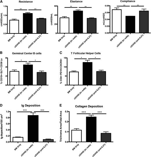 Figure 7. Anti-IL-21 mAb reverses BOS. cGVHD was established in B10.BR mice transplanted with WT B6 BM and WT B6 T cells, and mice were treated with either irrelevant mouse IgG1 or anti-IL-21. (A) PFTs from mice treated with either neutralizing anti-IL-21 mAb or irrelevant mAb. Splenocytes were isolated and analyzed for (B) GC B cells or (C) Tfh cells. (D) Ig and (E) ratio of trichrome-positive to total area surrounding bronchioles in trichrome stain. Representative data from 3 experiments; n = 8. *P < .05; **P < .01; ***P < .001.