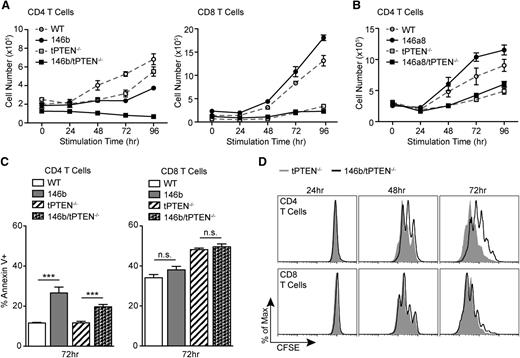 Figure 6. miR-146b negatively regulates CD4 T-cell proliferation. (A) TCR-mediated expansion of CD4 and CD8 T cells from 146b transgenic mice and littermate controls on WT and tPTEN−/− backgrounds. Total T cells were stimulated with anti-CD3/CD28. Triplicate T-cell samples were collected at each time point and total live T-cell numbers were determined by Trypan blue exclusion. CD4 and CD8 numbers were calculated based on flow cytometric analysis at each time point. Data are representative of 4 independent experiments. (B) TCR-mediated expansion of CD4 T cells from 146a8 transgenic mice and littermate controls on WT and tPTEN−/− backgrounds. The assay was performed as described in (A). Data are representative of 2 independent experiments, one for each founder line. (C) Quantification of flow cytometric analysis of Annexin V+ T cells stimulated as in (A) for 72 hours. Data are representative of 2 independent experiments. (D) Flow cytometric analysis of CFSE dilution over time by T cells labeled with 1 μM CFSE before stimulation as described in (A). Histograms are representative of duplicate samples and 2 independent experiments. All mice used were littermate pairs between 6 and 10 weeks old (C57BL/6). Data in (A-C) are presented as mean ± SD and statistics were calculated by Student t test (***P < .001, n.s. not significant).