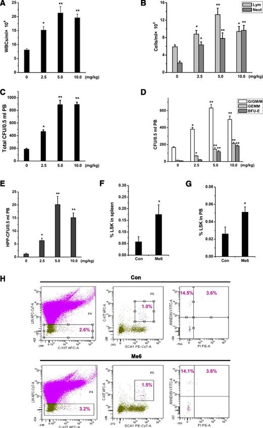 Figure 2. Dose-response effect of Me6 on the mobilization of HPCs into the blood. (A) Mobilization of WBCs, especially (B) neutrophils and lymphocytes induced by the administration of Me6 at different doses. C57BL/6 mice were injected subcutaneously with 0, 2.5, 5, or 10 mg/kg of Me6. Twelve hours after injection, the mice were euthanized and PB cells were obtained. The blood cells were counted by using a hemocytometer. n = 6 mice per group. *P < .05 and **P < .01 vs the 0-mg/kg group. (C) Dose-response analysis of total CFUs, including (D) CFU-G/GM/M, CFU-GEMM, BFU-E, and (E) HPP-CFU in PB of C57BL/6 mice 12 hours after subcutaneous injection using 0, 2.5, 5, or 10 mg/kg Me6. n = 6 mice per group. *P < .05 and **P < .01 vs the 0-mg/kg group. PB cells were obtained and evaluated by CFU assay. (F-G) The percentage analysis of LSK cells in PB and spleen of mice at 12 hours after administration of 5 mg/kg Me6 or PBS. *P < .05 vs the control group. (H) Apoptosis phenotype of PB LSK cells was assessed by using propidium iodide and Annexin-V staining. Mice were subcutaneously injected with 5 mg/kg Me6 and were euthanized 12 hours after injection. *P < .05 vs the control group. Con: control.