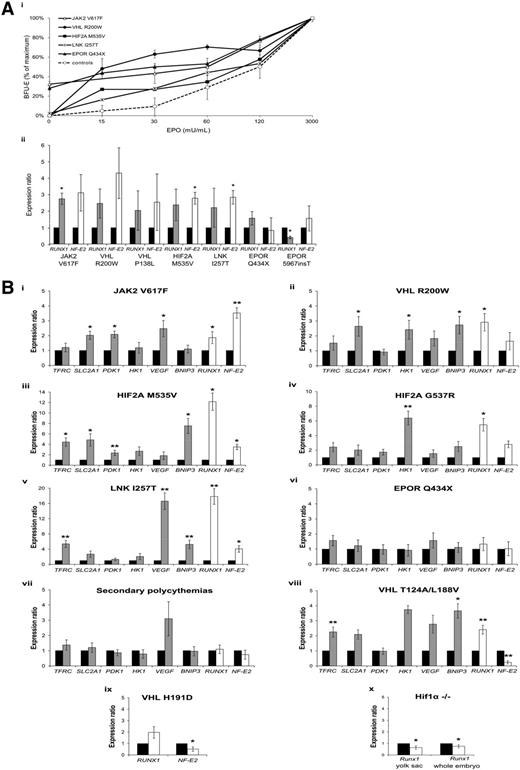 Figure 1. (A) (i) Sensitivity of BFU-E erythroid progenitors to EPO. Hypersensitive EPO response characterized by the increased in vitro growth of BFU-Es in the presence of low concentrations of EPO (0-30 mU/mL) was found in all patients with JAK2V617F (n = 3), EPORQ434X (n = 2), HIF2AM535V (n = 1), VHLR200W (n = 2), and LNKI257T (n = 1) mutations. In patients with JAK2V617F and EPORQ434X mutations, some BFU-E colonies also grew in the absence of EPO. Dashed line show the response of erythroid progenitors to EPO of tested healthy controls (n = 9). The number of BFU-Es grown in individual concentrations of EPO was expressed as a percentage of maximum vs the concentration of EPO. Results were pooled when n > 1. T bars designate standard deviations. (ii) Relative expression of RUNX1 and NF-E2 in hypersensitive BFU-E colonies. BFU-Es grown in low concentrations of EPO (15-30 mU/mL, ie, EPO-hypersensitive BFU-Es) were harvested and used for expression assay. Expression in BFU-Es was analyzed from patients with JAK2V617F (n = 3), VHLR200W (n = 2), VHLP138L (n = 1), HIF2AM535V (n = 1), LNKI257T (n = 1), EPORQ434X (n = 2), and EPOR5967insT (n = 2) mutations. The RUNX1 (Hs00257856) and NF-E2 (Hs00232351) TaqMan Gene Expression probes were used for quantitative real-time polymerase chain reaction. All samples were investigated in triplicate and normalized to expression of HPRT (4333768F) and GAPDH (4333764F) reference genes. The data were normalized to mRNA levels of healthy controls (black, n = 6), T bars designate SEM; *P < .05. The statistical significance of relative expression changes in target mRNA levels were analyzed for all expression analysis using REST 2009 software.20 (B) (i-ix) Relative expression of RUNX1, NF-E2, and HIF-regulated genes in granulocytes. Expression in granulocytes was analyzed from patients with JAK2V617F (n = 6), EPORQ434X (n = 2), HIF2AM535V (n = 1), HIF2AG537R (n = 1), VHLR200W (n = 2), LNKI257T (n = 1), VHLT124A/L188V (n = 2), and VHLH191D (n = 2) mutations and patients with secondary polycythemia (n = 6). The following TaqMan Gene Expression probes were used for quantitative real-time polymerase chain reaction: transferrin receptor (TFRC; Hs00951083), glucose transporter-1 (SLC2A1; Hs00892681), vascular endothelial growth factor (VEGF; Hs00900055), BNIP3 (Hs00969291), hexokinase-1 (HK1; Hs00175976), pyruvate dehydrogenase kinase, isozyme 1 (PDK1; Hs01561850), RUNX1 (Hs00231079), and NF-E2 (Hs00232351). All samples were investigated in triplicate and normalized to expression of HPRT (4333768F) and GAPDH (4333764F) reference genes. The data represents the mean of 3 independent experiments and were normalized to mRNA levels of healthy controls (black, n = 16); T bars designate SEM; *P < .05 and **P < .01. (x) Relative expression of Runx1 in Hif1α−/− yolk sacs and whole embryos. Expression in samples isolated from Hif1α−/− yolk sacs (n = 7) and whole embryos (n = 6) were analyzed using TaqMan Gene Expression probe for mouse Runx1 gene (Mm0123404). The data were normalized to expression of β-actin (Actb; 4352341E) and to mRNA levels of stage-matched, wild-type yolk sacs (black, n = 7) and whole embryos (black, n = 6); T bars designate SEM; *P < .05.