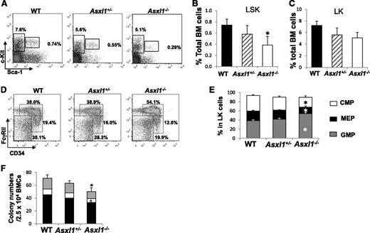 Figure 5. Altered HSC and myeloid progenitor cell populations in Asxl1−/− mice. (A) Flow cytometric analysis of LSK and LK compartments in the BM of representative young WT, Asxl1+/−, and Asxl1−/− mice (4 weeks old). (B-C) Quantitation of the percent of LSK (B) and LK (C) cells in the total BM cells of each genotype of mice (mean ± SD, 4-5 mice/genotype, 3-6 weeks old, *P < .05). (D) Flow cytometric analysis of CMP, GMP, and MEP populations in the BM LK cell population of WT, Asxl1+/−, and Asxl1−/− mice are shown. (E) Quantitative analysis of CMP, GMP, and MEP populations in the LK cell population (4-5 mice/group, 3-6 weeks old, *P < .05). (F) BM progenitor assay. CFU numbers were assessed in semisolid media in the presence of mSCF, mIL-3, IL-6, and EPO. Data are presented as mean ± SEM from 4 to 5 mice per genotype. Black bars represent CFU-GM (granulocytes/macrophages), open bars represent BFU-E (burst forming unit-erythrocyte), and gray bars represent CFU-Mix (mixed colonies of GM, E, and megakaryocytic cells). *P < .05.