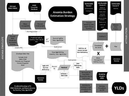 Figure 1. Flowchart of modeling process for calculating anemia burden. Illustration of the process used for first calculating the total amount of anemia present in each country, age, sex, and year (the anemia “envelope”), then apportioning it to individual causes of anemia in a hierarchical, mutually exclusive, and evidence-based approach. DHS, Demographic and Health Surveys; HgB, hemoglobin; IHME, Institute for Health Metrics and Evaluation; Lowess R.E., locally weighted scatterplot smoothing random effects regression; NOS, not otherwise specified; OLS, ordinary least squares; PfPR, Plasmodium falciparum parasite rate; VMNIS, Vitamin and Mineral Nutrition Information System.