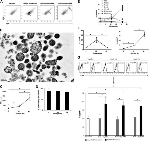 Figure 1. EV relative size, absolute count, and composition in stored RBC units. (A) Day 0 isolated EVs were subject to flow cytometry, and FSC-SSC data were acquired on log mode. The same settings were used for data acquisition using 0.2-, 1.0-, and 3.2-μm polystyrene beads, and the plots show the overlay of EVs (gray) and beads (black), representative of 3 independent experiments. (B) Electron micrograph of day 0 EVs prepared by positive staining, representative of 2 independent experiments (bar represents 200 nm). (C) Six RBC unit aliquots were tested by flow cytometry on day 0, 21, and 42 of storage at 4°C for absolute count of EVs (*P < .05). (D) EVs binding lactadherin-FITC (4 samples), measured by flow cytometry. (E) The following markers were used for characterization of EVs: RBC: CD235a; platelet: CD41a; T cell: CD3; B cell: CD19; natural killer cell: CD16; monocyte: CD14; and endothelial cell: CD142. (F) The increase of platelet- and RBC-derived EVs was significant at day 21. At least 50 000 EV events were acquired at each time point, and 4 independent experiments were performed for each condition (*P < .05). (G) A total of 6 EV samples (day 0, 21, 42) were fractionated into small or large particles using 0.22-μm centrifugal filters. Beads (6 µm) were coated with EVs and blocked using bovine serum albumin. The negative control was beads incubated with only bovine serum albumin and no EVs. Immunostaining was performed with the exosome marker CD63 on the small EV fraction (<200 nm, exosomes) and the large EV fraction (>200 nm, microvesicles). The negative control is shown as a gray line and EVs as a dark line (*P < .05).