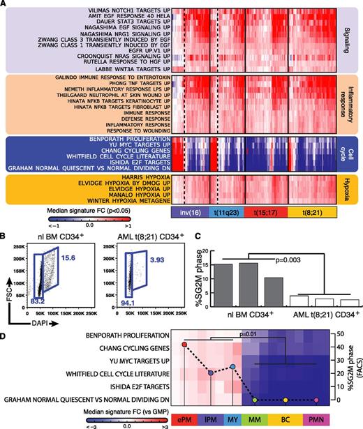 Figure 3. Identification of deregulated gene expression programs in AK-AML. (A) Median gene expression fold change of selected MsigDB gene signatures that overlap significantly (P < 1e-5, median, subclass-wise) with patient-specific AK-AML signatures. (B-C) Cell cycle analysis of CD34+ cells from healthy subjects (n = 3) and t(8;21) AML patients (n = 3). (D) Median gene expression fold-change (vs normal GMPs) in cell cycle-related gene signatures for purified normal BM populations together with the experimentally determined cell cycle status (cell cycle profiles were presented in Mora-Jensen et al48). The correlation coefficient between “percentage of cells in SG2M” and the average median fold change for the 6 cell cycle signatures was r2=0.8. The following populations are depicted: early promyelocytes (ePM), late promyelocytes (lPM), MY, MM, band cells (BC) and polymorphonuclear neutrophilic granulocytes (PMN).