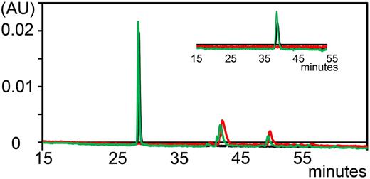 Figure 3. Analytical reversed-phase chromatograms of fluorescently-labeled A1-A1 monitored at 500 nm. Chromatogram of A1-A1 eluted with a linear gradient of 1% per minute. A1-A1 is eluted from the column at about 28% of acetonitrile/TFA. (Inset) Chromatogram of A1-A1 eluted with a 0.1% per minute gradient of acetonitrile/TFA starting at 9 minutes from about 26% of acetonitrile/TFA. Elution trace of mouse serum (red), A1-A1 without serum (black), and A1-A1 incubated with serum for 2 hours at 37°C (green).