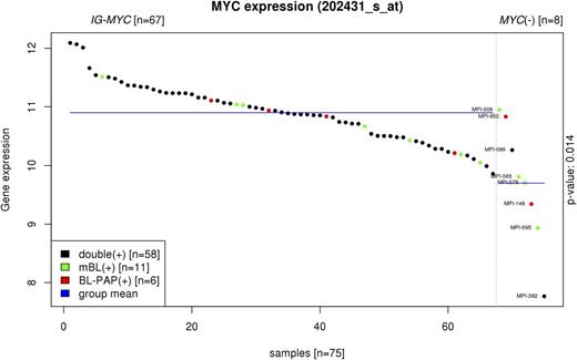 Figure 2. Supervised analysis comparing MYC expression between IG-MYC–positive and MYC-negative lymphomas from mBL and BL-PAP groups. mBL: BL cases defined by mBL index (green); BL-PAP: BL cases defined by BL-PAP index (red); double: BL cases defined by both mBL and BL-PAP indices (black) (P = .014).