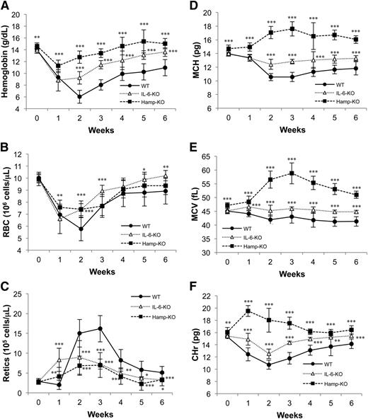 Figure 2. BA induces inflammatory anemia and changes in erythroid parameters in WT, IL-6-KO, and Hamp-KO mice. Mice were injected with 5 × 108 particles of BA, and their hematological parameters were monitored with CBC over 6 weeks. (A) Hb, (B) RBC number, (C) reticulocytes number, (D) MCH, (E) MCV, and (F) CHr. Twelve mice for each genotype were analyzed per time point. Error bars represent SD. Each time point in IL-6-KO and Hamp-KO mice was compared with the same time point in WT mice. P values were calculated using unpaired, 2-tailed Student t test. *P < .05; **P < .01; ***P < .001.