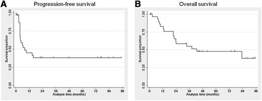 Figure 3. Survival outcome. Progression-free survival (A) and overall survival (B) among patients receiving lenalidomide monotherapy.