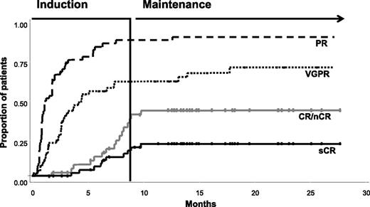 Figure 1. Kaplan-Meier analysis of time to response, showing proportion of responding patients achieving their best response over time.