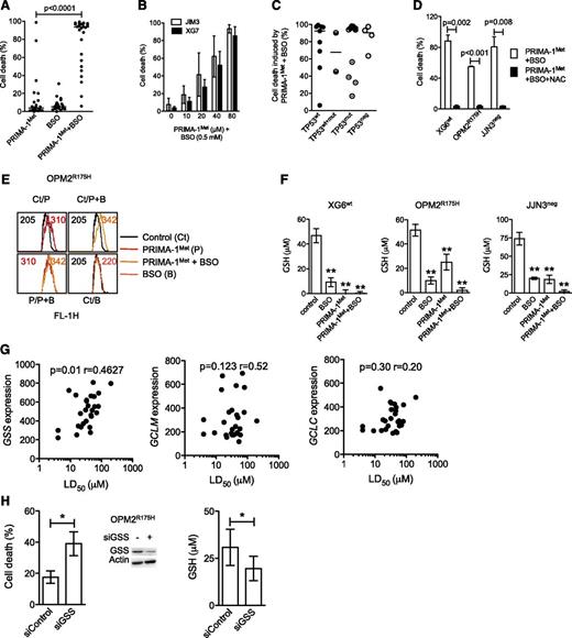 Figure 4. PRIMA-1Met impaired GSH metabolism in HMCLs. (A) BSO synergized with PRIMA-1Met. Cells were incubated for 48 hours with suboptimal doses of PRIMA-1Met (10 μM) and BSO (0.5 mM), and cell death was assessed using Apo2.7 staining. Each plot represents the mean cell death observed for each of the 27 HMCLs (obtained with 3 independent experiments). (B) Increasing doses of PRIMA-1Met restored synergy with BSO. XG7 and JIM3 cells were incubated for 48 hours with serial concentrations of PRIMA-1Met (10-80 μM) in the presence of 0.5 mM BSO. The data represent the mean ± SEM of 3 independent experiments. (C) Synergy between PRIMA-1Met and BSO was independent of TP53 status. Median cell death induced by PRIMA-1Met (10 μM) and BSO (0.5 mM) for each cell line was plotted against the TP53 status. (D) NAC overcame PRIMA-1Met and BSO synergy. Cells were incubated for 48 hours in the presence of PRIMA-1Met (10 μM) and BSO (0.5 mM), with or without NAC (5 mM). The data represent the mean ± SEM of 4 independent experiments. (E) BSO increased ROS production induced by PRIMA-1Met. OPM2 (0.5 × 106 cells/mL) was incubated overnight with 30 μM PRIMA-1Met or with 10 μM PRIMA-1Met and 0.5 mM BSO. CellROX reagent (5 μM) was added to the cell culture for the last 30 minutes, at 37°C. Cells were washed in phosphate-buffered saline, and fluorescence was analyzed on FACSCalibur. (F) PRIMA-1Met induced GSH depletion. Cells (0.5 × 106 cells/mL) were treated overnight with PRIMA-1Met alone (30 μM), BSO alone (0.5 mM), or a combination (10 μM and 0.5 mM). Cells were lysed in acidic buffer (10 × 106 cells/mL), and GSH content was determined using a colorimetric kit by following the instructions of the manufacturer. The data represent the mean ± SEM of 4 experiments. **P < .01. (G) Sensitivity of myeloma cells to PRIMA-1Met correlated with GSS expression. Expression of GSS or of the 2 subunits of γGCS (GCLM and GCLC) was plotted against LD50 PRIMA-1Met values. Correlation was assessed by Spearman test. (H) Silencing of GSS increased sensitivity to PRIMA-1Met. OPM2 cells were incubated for 3 days with siControl or siGSS RNA and treated with 25 μM PRIMA-1Met for the last 24 hours. Cell death was assessed by Apo2.7 staining. The data represent the mean ± SEM of 4 independent experiments. Expression of GSS (representative experiment) and GSH content (n = 4) was determined at 72 hours. *P < .05.