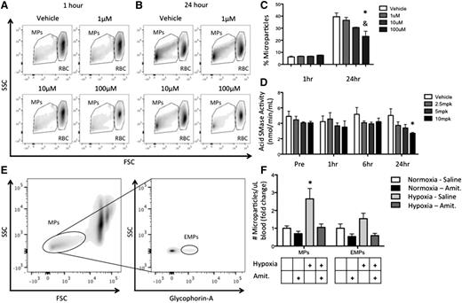 Figure 7. Amitriptyline reduces MP generation. (A-B) Human SS RBCs were incubated in PBS with or without amitriptyline for 1 or 24 hours. Flow cytometry plots of MPs and RBCs 1 hour (A) and 24 hours (B) after amitriptyline treatment. (C) Quantification of MP percentage after treatment. (D) Acid SMase activity in mice after amitriptyline injection. (E) Gating strategy for identifying MPs and EMPs in vivo in WT mice. (F) Quantification of MP production in WT mice after normoxic/hypoxic conditioning with or without amitriptyline. *P < .05 compared with vehicle, and P < .05 compared with 1 μM.
