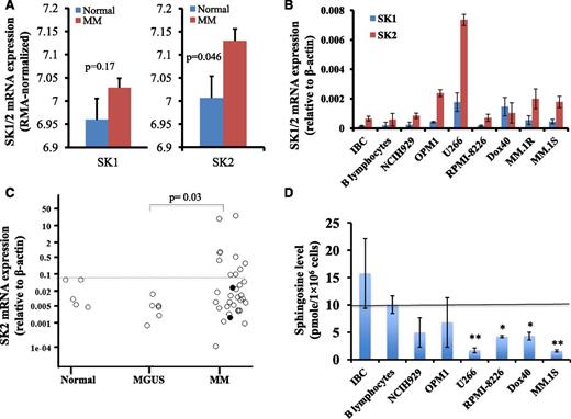 Figure 1. SK2 was overexpressed in myeloma cells. (A) SK1 and SK2 gene expression in GSE6477 Affymetrix microarray dataset. Publicly available Affymetrix microarray data set GSE6477 was downloaded and the RMA normalized gene expression data were generated. The SK1 and SK2 expression levels between plasma cells from normal subjects (blue bar; n = 15) and purified CD138+ cells from newly diagnosed MM (red bar; n = 73) were compared. (B) SK1 and SK2 expression in myeloma cell lines and B-cell lines. RNA was extracted from 2 B-cell lines (EBV-immortalized B cells (IBC) and American Type Culture Collection (ATCC) CCL-156 B-lymphocytes) and 7 MM cell lines (NCI-H929, OPM1, U266, RPMI-8226, RPMI-8226-Dox40, MM.1R, and MM.1S) and RT-PCR was performed for SK1 and SK2. Relative SK1 and SK2 mRNA expression with respect to β-actin was shown (mean ± standard error of the mean of 3 separate sets of experiments). (C) SK2 expression in primary human BM CD138+ cells. Primary human CD138+ cells were isolated using CD138 enrichment kit from the BM aspirates of normal subjects (n = 5), monoclonal gammopathy of undetermined significance patients (n = 6), and myeloma patients (n = 34). SK2 gene expression was normalized against β-actin control. (Each dot represented 1 individual patient and the two solid circles represented amyloidosis patients). (D) Sphingosine level in myeloma cell lines and B-cell lines. Sphingosine was measured by high performance liquid chromatography (HPLC) in freshly prepared Epstein-Barr virus (EBV)-immortalized B cells, ATCC B-lymphocytes, and 6 MM cell lines (NCI-H929, OPM1, U266, RPMI-8226, RPMI-8226-Dox40, and MM.1S). Data represented the sphingosine concentration (pmol/1 × 106 cells) (mean ± standard error of the mean of 1 of 4 separate sets of experiments) (*P < .05; **P < .01).