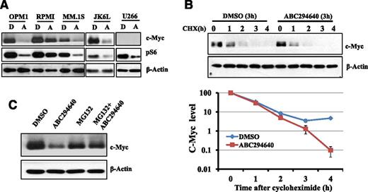 Figure 5. ABC294640 enhanced c-Myc proteasome degradation. (A) ABC294640 downregulated c-Myc and pS6 protein expression. MM cells (OPM1, RPMI-8226, MM.1S, JK6L, and U266) were treated with 30 µM of ABC294640 (A) or DMSO (D) for 16 hours, and whole cell lysates were prepared and analyzed for c-Myc and pS6 expression by western blot analysis. β-actin was used as the loading control. (B) ABC294640 increased c-Myc protein degradation. OPM1 cells were treated with 30 µM of ABC294640 or DMSO for 3 hours and then cyclohexamide (100 µg/mL) was added. Cells were collected at each hour after cyclohexamide treatment, and whole cell lysate was prepared and analyzed for c-Myc expression by western blot analysis. β-actin was used as the loading control. The graph represents the quantification of western blots using ImageJ. (C) Proteasome inhibitor (MG132) prevented the degradation of c-Myc by ABC294640. OPM1 cells were treated with DMSO control buffer or MG132 (1 µM) for 1 hour, followed by treatment with DMSO or 30 µM of ABC294640 for an additional 6 hours. Whole cell lysate was prepared and analyzed for c-Myc expression by western blot analysis. Data shown in the figure were representative of at least 2 separate sets of experiments.