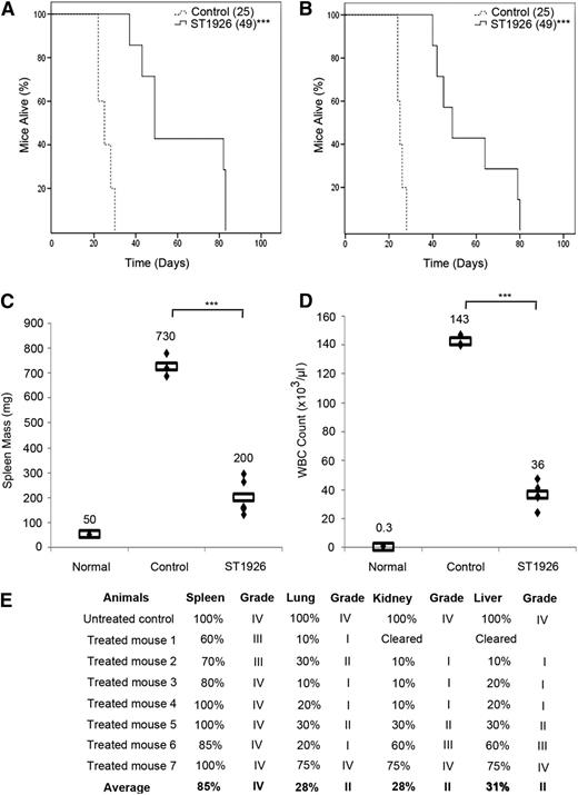 Figure 4. ST1926 treatment prolongs survival in an ATL mouse model. ATL mice treated orally with ST1926 at the dose of 30 mg/kg (A) twice daily for 2 consecutive weeks or (B) once every other day for 3 weeks. Kaplan-Meier plots of overall survival are displayed. Reported between parentheses are median survival times. ***P < .001. (C-E) Effect of 3 weeks of ST1926 treatment at 30 mg/kg every other day on (C) spleen mass, (D) circulating WBC count, and (E) organ infiltration by histopathology. Rectangles in C and D represent mean values. ***P < .001. Scores of organ infiltration after histopathology analysis are shown in E: score I, 1% to 25% leukemic cell infiltrate; score II, 26% to 50%; score III, 51% to 75%; score IV, 76% to 100%.
