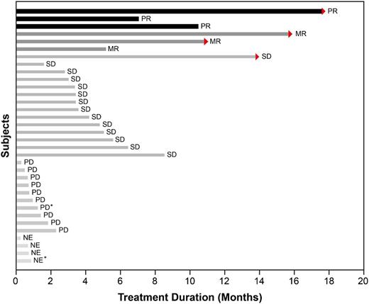 Figure 2. Duration of study treatment of 34 patients with MM. Arrows indicate patients who were still ongoing at the time of study closure. Those patients are continuing treatment with afuresertib on a continuation protocol. Two patients were enrolled in dose escalation (part 1) and were administered 100 mg per day (indicated by *); the remaining patients were administered 125 mg per day. NE, not evaluable; PD, progressive disease; SD, stable disease.