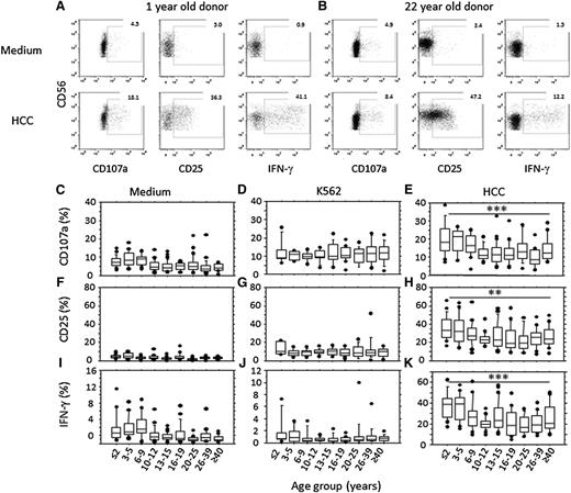 Figure 4. Age-associated changes in NK cell function. Example flow cytometry plots are shown for CD3− lymphocytes from a 1-year-old (A) and a 22-year-old (B), cultured in medium alone (top) or stimulated with high concentrations of IL-12+ IL-18 (HCC, bottom) and assayed for degranulation (CD107a), CD25, and IFN-γ expression. (C-K) NK cells were assayed for degranulation (C-E), CD25 (F-H), or IFN-γ (I-K) expression after in vitro culture in medium alone (C,F,I) or with K562 target cells (D,G,J) or IL-12 + IL-18 (HCC; E,H,K). Horizontal bars represent median values, boxes extend from the 25th to the 75th percentile, and whiskers represent the 95th percentiles. Asterisks denote significant age-related trends for frequencies of NK cells expressing CD107a, CD25, or IFN-γ (**P < .01;*** P< .001, F-test).