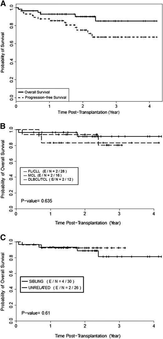 Figure 3. Survival after BFR conditioning for alloSCT. (A) OS and PFS rates after nonmyeloablative allogeneic transplantation with bendamustine, fludarabine, and rituximab conditioning. (B) OS rates by histologic type. (C) OS rates by donor type. FL, follicular lymphoma; MCL, mantle cell lymphoma. DLBCL/TCL, diffuse large B-cell and T-cell lymphoma.