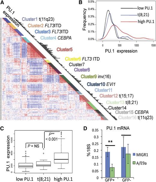 Figure 5. Reduced PU.1 gene expression in human AML/ETO leukemia. (A) PU.1 expression (black bars) with respect to hierarchical clustering of the gene expression data set of 285 AML patients from the Erasmus Rotterdam cohort (Affymetrix U133A GeneChips).36 Each cluster demonstrates distinct genetic abnormalities as indicated. (B-C) PU.1 expression profile of cluster t(8;21) compared with low PU.1 and high PU.1 clusters. Red line: all clusters with cluster mean expression higher than the global cluster mean (high PU.1), including clusters 1, 2, 5, 9, 11, and 16 with 118 patients; black line: all clusters with cluster mean expression lower than the global cluster mean (low PU.1), including clusters 3, 4, 6, 7, 8, 10, 12, 14, and 15 with 132 patients; blue line: cluster 13: t(8;21) with 22 patients. (D) PU.1 mRNA levels of E14.5 fetal liver cells (c-kit+, GFP+c-kit+, GFP–) 48 hours after transduction with either MigR1 or AML/ETO9a-MigR1 (A/E9a). Shown are average levels ± SD as percentage of 18S. n = 4; **P < .01.