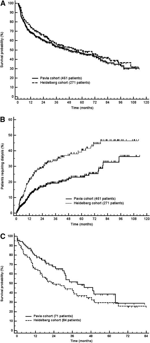 Figure 1. Patients’ survival and time to dialysis. (A) Patients’ survival. Median survival was 47 months in the Pavia cohort and 54 months in the Heidelberg cohort (P = .230). (B) Renal survival (P < .001). (C) Survival from dialysis initiation. Median survival was 39 months in the Pavia cohort and 24 months in the Heidelberg cohort (P = .102).