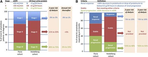 Distilling the frequencies of and outcomes associated with renal stage (A) and suggested renal response (B). Data aggregated from the article by Palladini et al that begins on page 2325.1