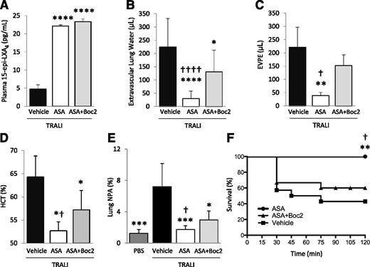 Figure 6. Boc2 blocks the protective effects of ASA in a 2-event model of TRALI. BALB/c WT mice were treated with LPS (0.1 mg/kg, intraperitoneally) and 24 hours later were challenged with H2Kd mAb (1.0 mg/kg, intravenously) and euthanized 2 hours later. (A) Plasma 15-epi-LXA4 levels in mice with TRALI + vehicle, ASA, or ASA + Boc2. ****P < .0001 vs vehicle group. (B) Extravascular lung water, (C) EVPE, and (D) hematocrit in mice with TRALI + vehicle, ASA, or ASA + Boc2. *P < .05, **P < .01, and ****P < .0001 vs vehicle groups. †P < .05 and ††††P < .0001 vs ASA + Boc2 groups. (E) NPAs in the lung digestion in mice with TRALI + vehicle, ASA, or ASA + Boc2. *P < .05 and ***P < .001 vs vehicle group. †P < .05 vs ASA + Boc2 group. (F) Survival curves in mice with TRALI + vehicle, ASA, or ASA + Boc2. **P < .01 vs vehicle group and †P < .05 vs ASA + Boc2 group. Data are mean ± SD of 5 to 10 animals per group.