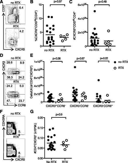 Figure 4. Loss of the GC after RTX treatment did not reduce Tfh numbers in the lymph node or peripheral blood. (A) Flow cytometric contour plots, (B) proportion, and (C) total number of CXCR5+CD57+CD4+ Tfh from iliac lymph nodes taken prior to kidney transplantation in RTX-treated patients and controls. (D) Contour plots, and (E) quantitation of CXCR3+CCR6−Th1-like Tfh (top left quadrant gate, panel D), CXCR3−CCR6−Th2-like Tfh (lower left quadrant gate, panel D), and CXCR3−CCR6+Th17-like lymph node Tfh cells (lower right quadrant gate, panel D). (F) Contour plots, and (G) bar graphs of peripheral blood CXCR5+CD4+ Tfh-like cells from the same patients in (A-E). In graphs, one symbol represents one individual, and the height of the bar represents the mean.