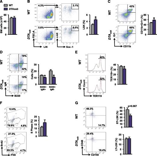 Figure 3. Deregulated hematopoiesis in DTAosb mice. (A) Whole bone marrow mononuclear cells collected by crushing 1 femur and tibia of 2-month-old WT and DTAosb mice. (B-E) Flow cytometry analysis of bone marrow cells showing representative images and percentage of LSK cells (B), myeloid cell population (CD11b+/Gr1+) (C), mature (B220+/IgM+) and immature (B220+/IgM−) B-lymphopoietic subsets (D), and erythroid progenitors (Ter119+) in the bone marrow (E). (F-G) Syngeneic 2-month-old C57BL/6 WT or DTAosb mice were injected with MLL-AF9 cells and harvested 14 days after injection. Flow cytometry analysis of bone marrow showing representative plots and percentage of LSK cells in the S-phase (F) and percentage of LT-LSK and ST-LSK cells (G). (A-E = 11-14 mice per group; F-G, n = 3 mice in WT group and n = 4 mice in DTAosb group). *P < .05 vs WT mice. LT-LSK, long-term LSK.