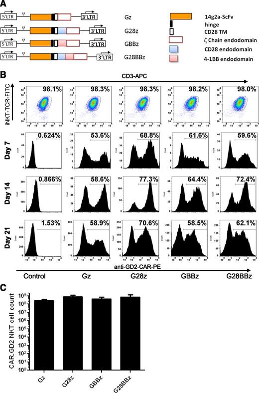 Figure 1. Generation of CAR.GD2 NKT cells. (A) Schematic representation of recombinant retroviral vectors encoding CAR.GD2 constructs. (B) NKT cells were isolated from human PBMCs, stimulated with αGalCer, and transduced with the indicated CAR.GD2 constructs followed by expansion in culture with IL-2. The expanded cells were analyzed by FACS for the frequency of NKT cells using 6B11 and anti-CD3 mAbs (day 21 after transduction, upper panel) and for the frequency of CAR.GD2 NKT cells using anti-idiotype 1A7 mAb on days 7, 14, and 21. Results are from a representative of 5 experiments. (C) Absolute cell count of CAR.GD2-expressing NKT cells at day 21 of expansion. Data are mean ± standard deviation (SD) from 5 donors.