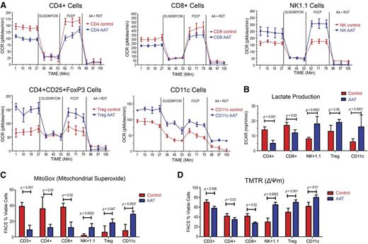 Figure 6. Effect of AAT on oxygen consumption, lactate production, mitochondrial superoxide production, and membrane potential. (A) Ex vivo OCR in NK1.1+, CD11c+, CD4+CD25+FoxP3+, CD8+, and CD4+ cells from donors treated with AAT or with albumin (Control). Cells were purified from donor spleens, plated in 24-well plates and exposed to oligomycin, FCCP, and ROT plus AA (see “Materials and methods”). OCR was measured as pmol O2/min/µg. (B) Lactate generation as measured by proton production (ECAR) in CD4+, CD8+, NK1.1+, CD4+CD25+FoxP3+, and CD11c+ cells from in wild-type C57/BL6 donors treated with albumin (control) or AAT (n = 5 mice per arm, experiments were done in triplicates from pooled tissue extracts). (C) Staining for mitochondrial superoxide in CD3+, CD4+, CD8+, NK1.1+, CD4+CD25+FoxP3+, and CD11c+ DCs (measured by MITOSOX). Bar plots represent the mean ± SD of 5 experiments; P values as displayed. (D) Mitochondrial TMTR in CD3+, CD4+, CD8+, NK1.1+, CD4+CD25+FoxP3+ and CD11c+ DCs. Bar plots represent the mean ± SD of 5 experiments (experiments were done in triplicates from pooled tissue extracts). P values as displayed, results were compared using the Student t test.