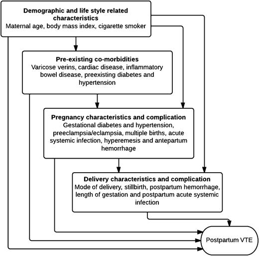Figure 1. Conceptual hierarchical framework for multivariate modeling of risk factors for VTE during the postpartum period.